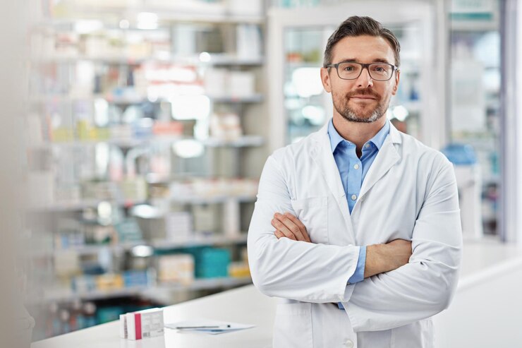 Photo healthcare crossed arms and portrait of a male pharmacist standing in a pharmacy clinic pharmaceutical medical and mature man chemist with confidence by the counter of medication store dispensary