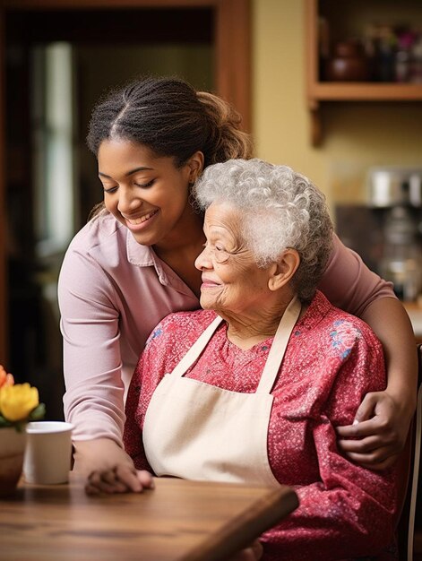 healthcare giver hugging senior woman at home