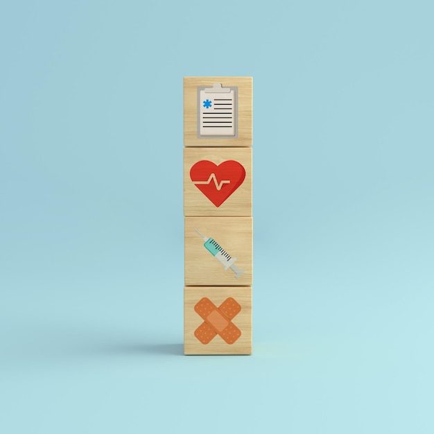 Healthcare icon syringe health and band on blue background Wooden cube block tower Vaccine concept 3D rendering