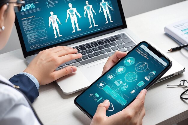 Photo healthcare and innovative technology apps for medical exams and online consultation concept