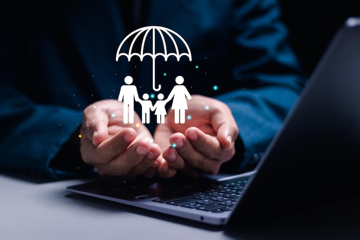 Photo healthcare and life insurance concept businessman with virtual family icon for protecting family