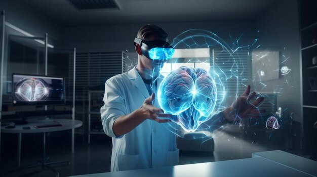 Healthcare and medical cardiologist doctor vr headset wearing and diagnosis data record holographic