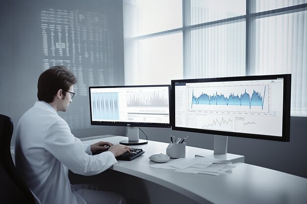 Healthcare and Medical insurance business virtual graph and doctor analyzing Generative AI