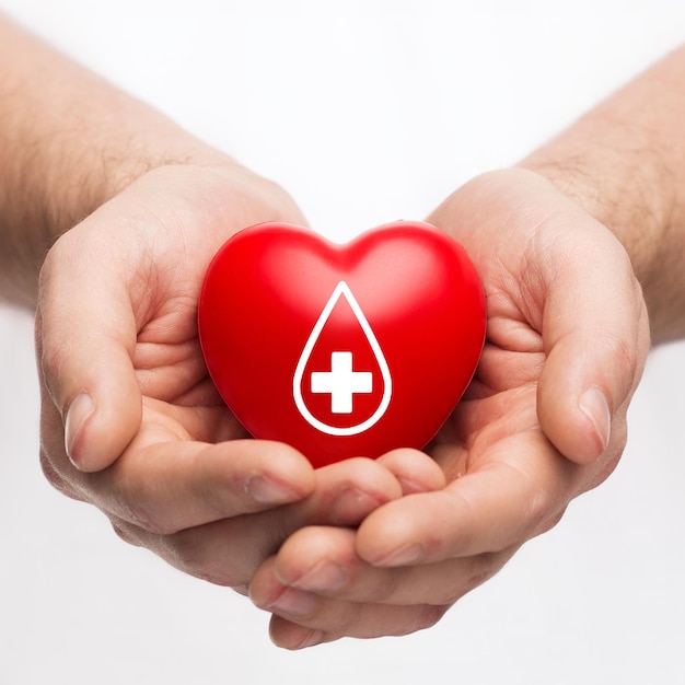 ヘルスケア、医学、献血のコンセプト - ドナーのサインと赤いハートを保持している男性の手