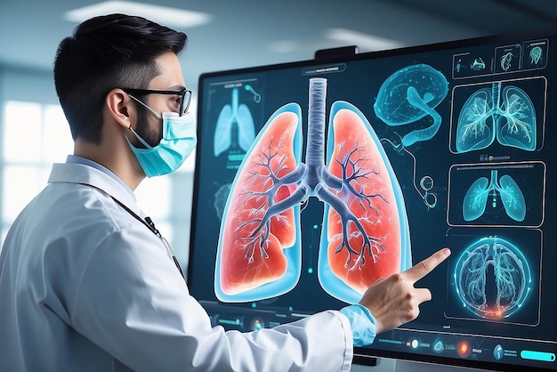 Healthcare and medicine Covid19 Doctor holding and diagnose virtual Human Lungs with coronavirus spread inside on modern interface screen on hospital background Innovation and Medical technology