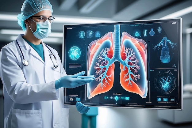 의료 및 의학 코로나19 의사는 병원 배경의 현대 인터페이스 스크린에서 코로나 바이러스가 퍼진 가상 인간의 폐를 들고 진단합니다.