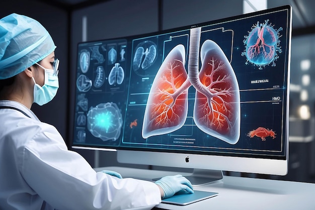 Photo healthcare and medicine covid19 doctor holding and diagnose virtual human lungs with coronavirus spread inside on modern interface screen on hospital background innovation and medical technology