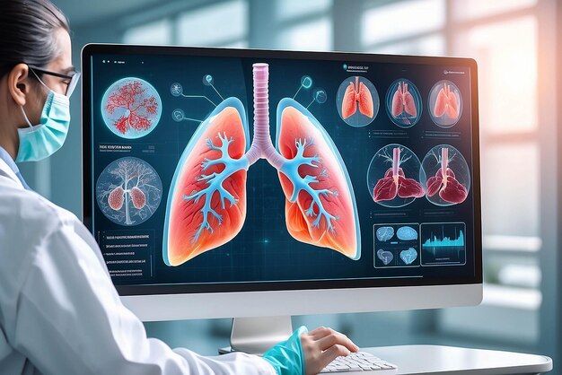 Photo healthcare and medicine covid19 doctor holding and diagnose virtual human lungs with coronavirus spread inside on modern interface screen on hospital background innovation and medical technology