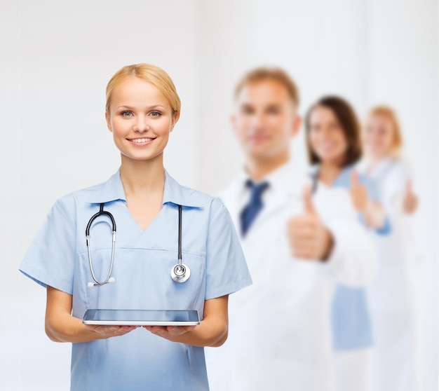 healthcare, medicine and technology concept - smiling female doctor or nurse with tablet pc computer