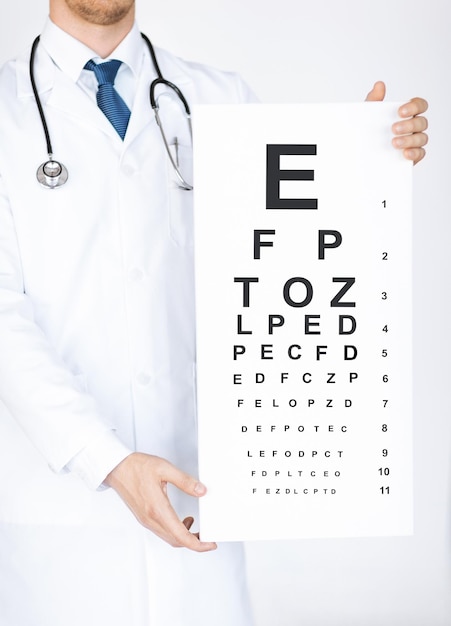 healthcare, medicine and vision concept - male ophthalmologist with eye chart