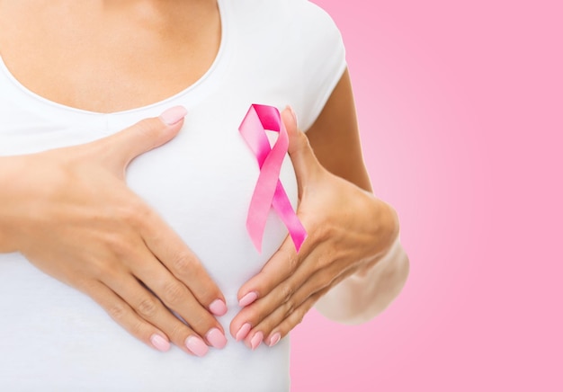 healthcare, people, charity and medicine concept - close up of woman in t-shirt with breast cancer awareness ribbon over pink background