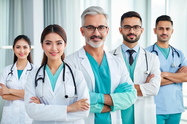 Healthcare people group Professional doctor working in hospital office or clinic with other doctors nurse and surgeon Medical technology research institute and doctor staff service concept