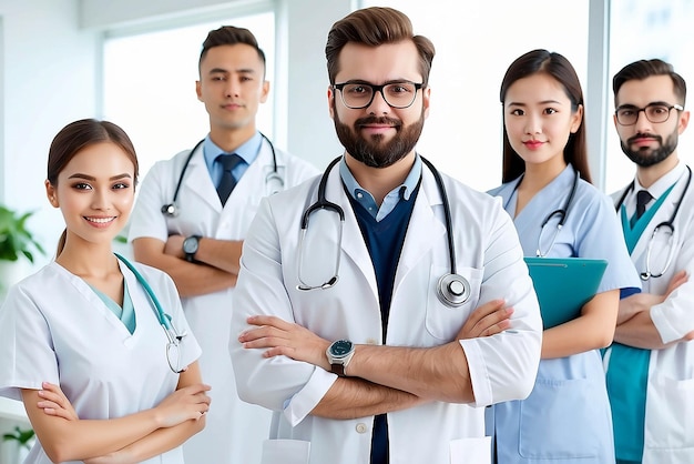 Healthcare people group Professional doctor working in hospital office or clinic with other doctors nurse and surgeon Medical technology research institute and doctor staff service concept