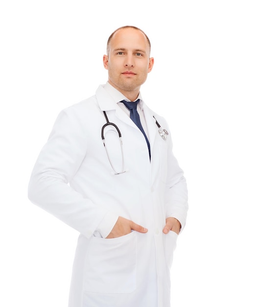 healthcare, profession and medicine concept - male doctor with stethoscope in white coat over white background