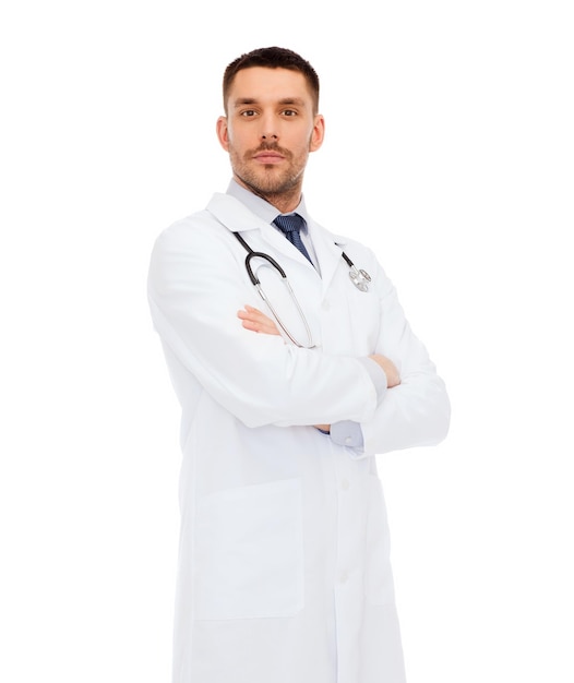 healthcare, profession and medicine concept - male doctor with stethoscope in white coat over white background