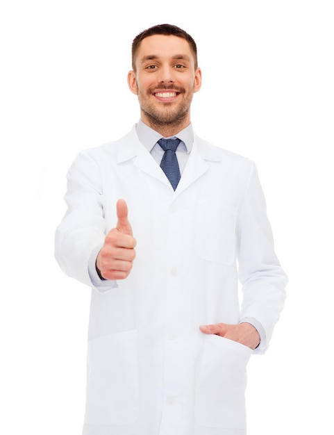 healthcare, profession and medicine concept - smiling male doctor showing thumbs up over white background