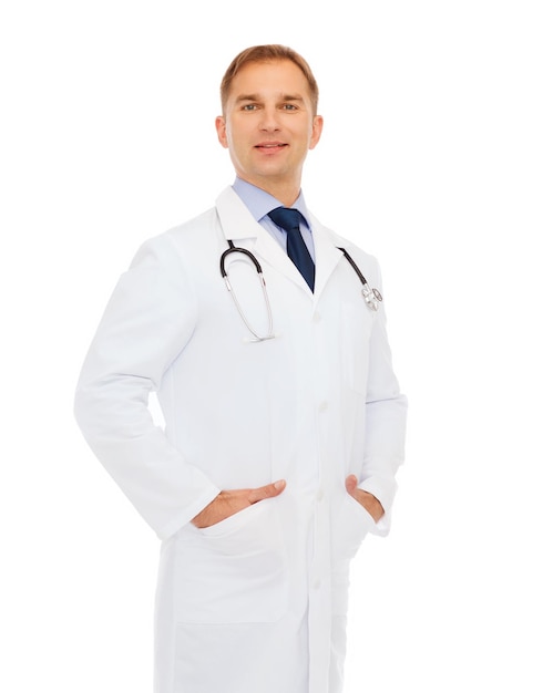 healthcare, profession and medicine concept - smiling male doctor with stethoscope in white coat over white background