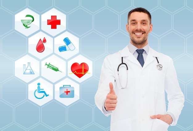 healthcare, profession, symbols, people and medicine concept - smiling male doctor with stethoscope in white coat over blue background with medical icons