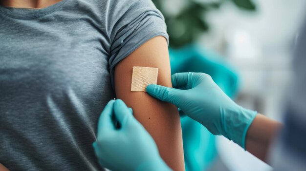 Photo healthcare professional in blue gloves applying an adhesive bandage to someones upper arm