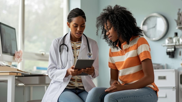 Healthcare professional likely a doctor showing information or discussing a topic on a tablet with a patient
