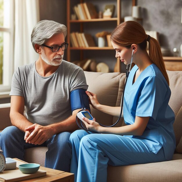 Healthcare Professional Monitoring Elderly Patients Blood Pressure