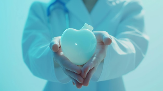 Healthcare Professional Presenting a Glowing Heart on a Blue Background for World Health Day