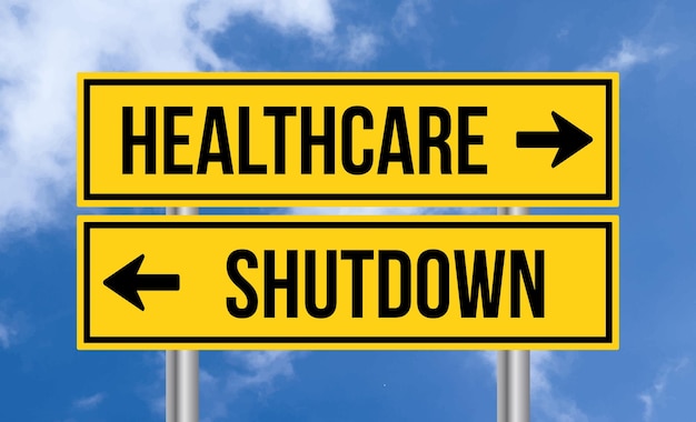 Healthcare or shutdown road sign on cloudy sky background