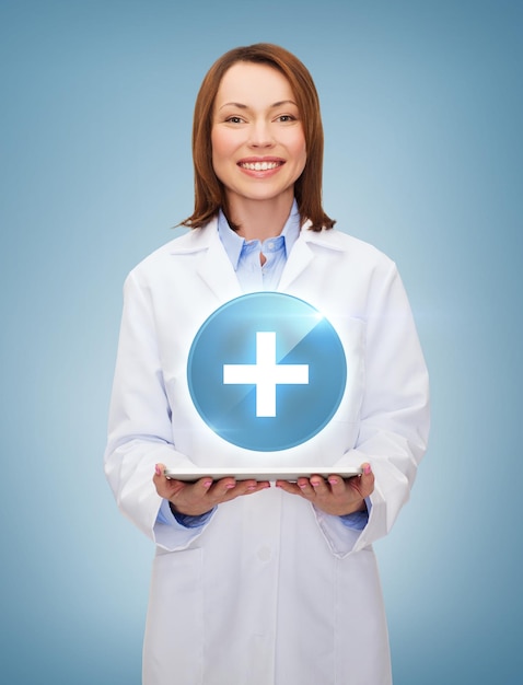 healthcare, technology and medicine concept - smiling female doctor and tablet pc computer