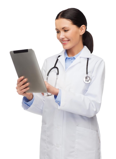 healthcare, technology and medicine concept - smiling female doctor with stethoscope and tablet pc computer