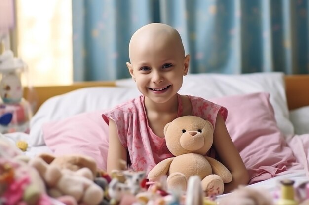 Photo healthcare teddy bear and child cancer patient holding her toy for support or comfort medical recovery and girl kid with leukemia standing after treatment or chemotherapy in a medicare hospital