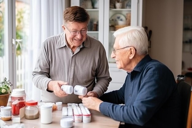 Photo healthcare worker or caregiver visiting senior man indoors at home explaining medicine dosage