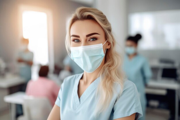 Healthcare worker in mask with colleagues behind