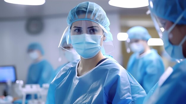 Healthcare worker in a surgical gown surrounded by medical equipment