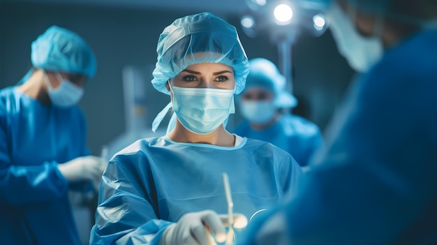 Healthcare worker in a surgical gown surrounded by medical equipment