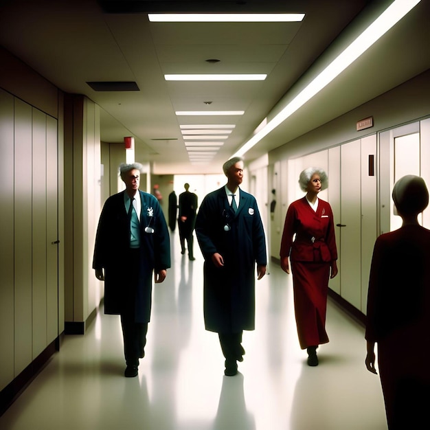 Healthcare Workers Bustling Around Hospital Hallway Wearing Coats