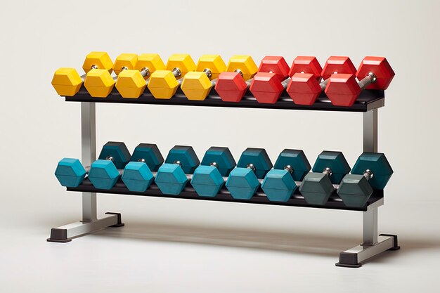 Photo healthclub fitness equipment with free weights dumbbell rack color image of exercise club