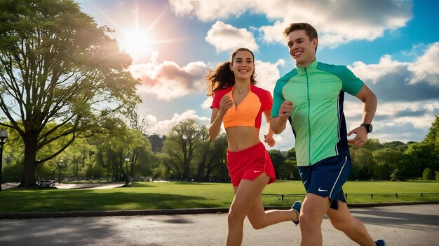 Photo the healthier you are the happier you feel shot of a sporty young couple exercising together outdoo