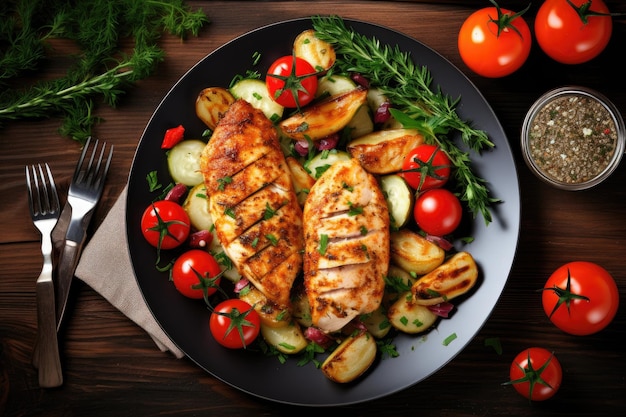 Healthy air fried chicken and veggies on wooden table flat lay