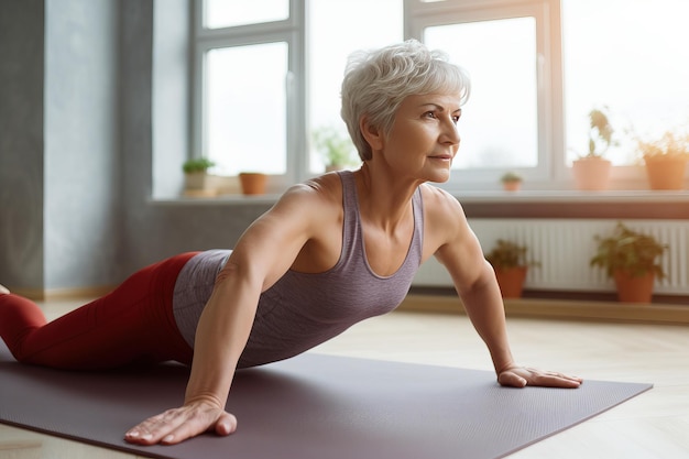 Healthy Athletic Fit Middle Aged Woman Training on at home Generative AI