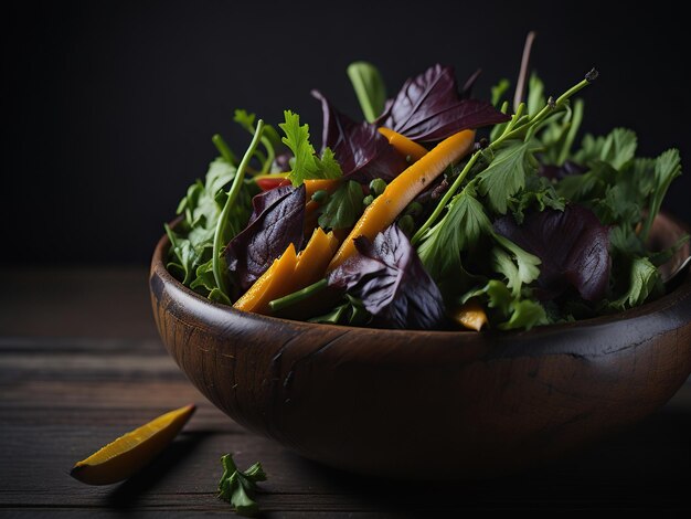 Healthy autumn salad in rustic wooden bowl generated by AI