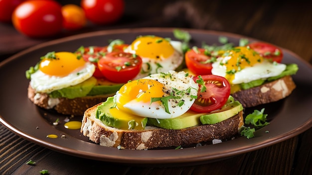 Healthy avocado egg open sandwiches on a plate with cherry tomatoes on brown rustic wood background