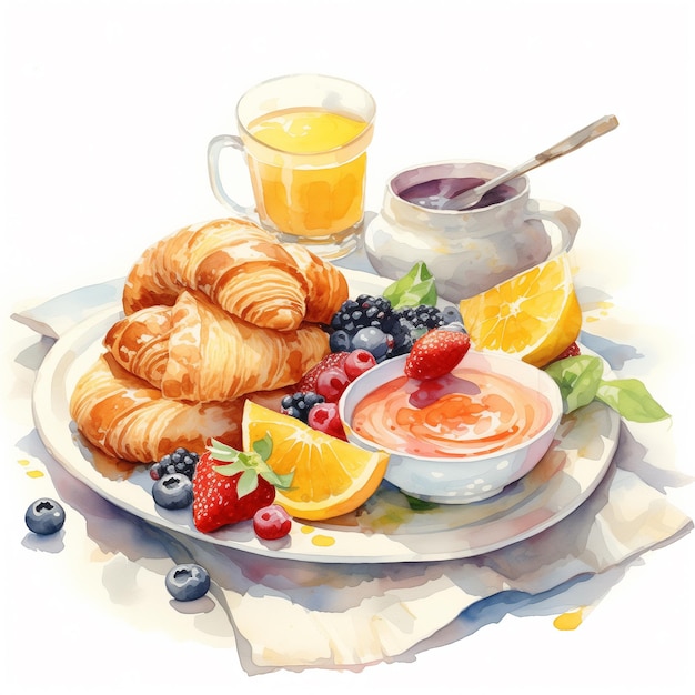 Photo healthy balanced breakfast watercolor illustration of french breakfast with croissants and fruits