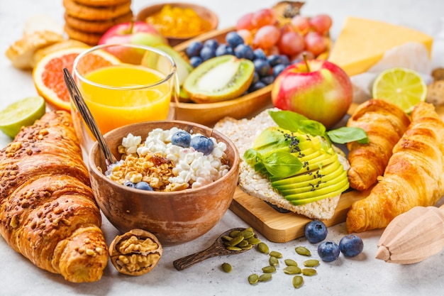 Healthy balanced breakfast on a white background. 