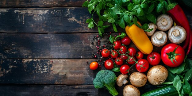 Healthy balanced food top view Organically fresh fruits and vegetables on the table Generative AI