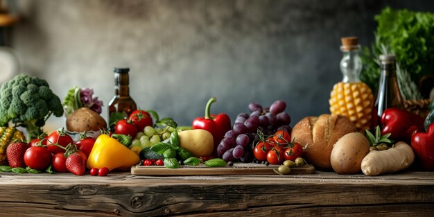 Photo healthy balanced food top view organically fresh fruits and vegetables on the table generative ai