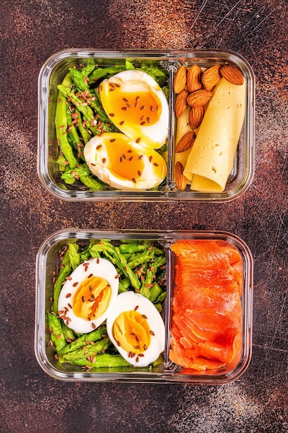 Healthy balanced lunch box, ketogenic diet lunch, home food for office concept.