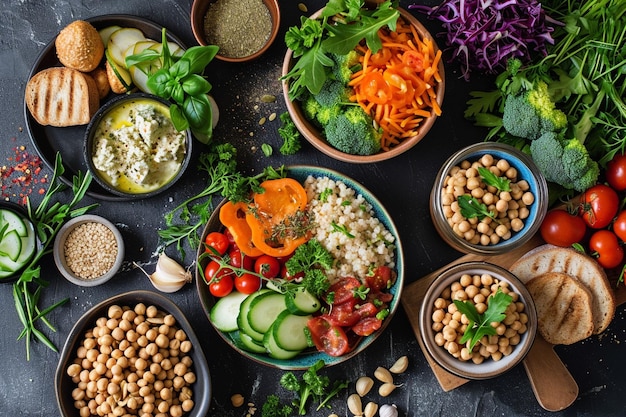 Foto alimento vegetariano sano e equilibrato vista dall'alto