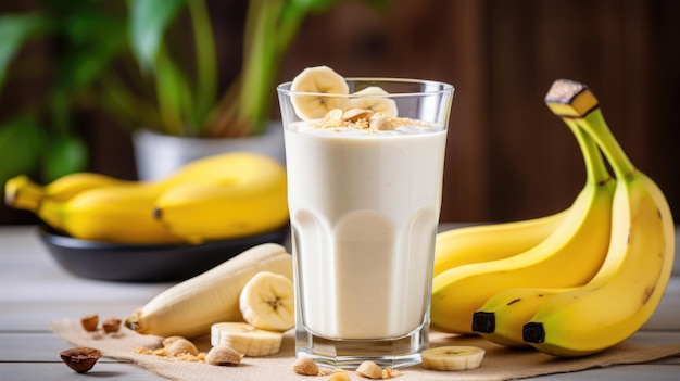 Healthy banana smoothie milkshake in glass with bananas on table