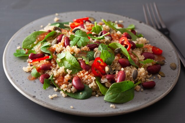 Healthy bean and quinoa salad with spinach, chili
