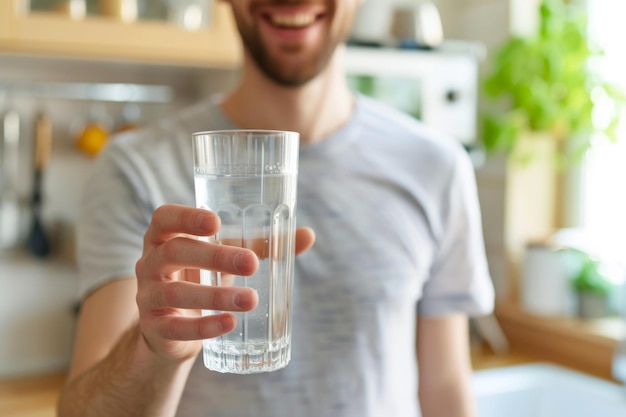 Healthy beautiful young girl holds a glass of water in kitchen smiling young girl drinking fresh water from glass